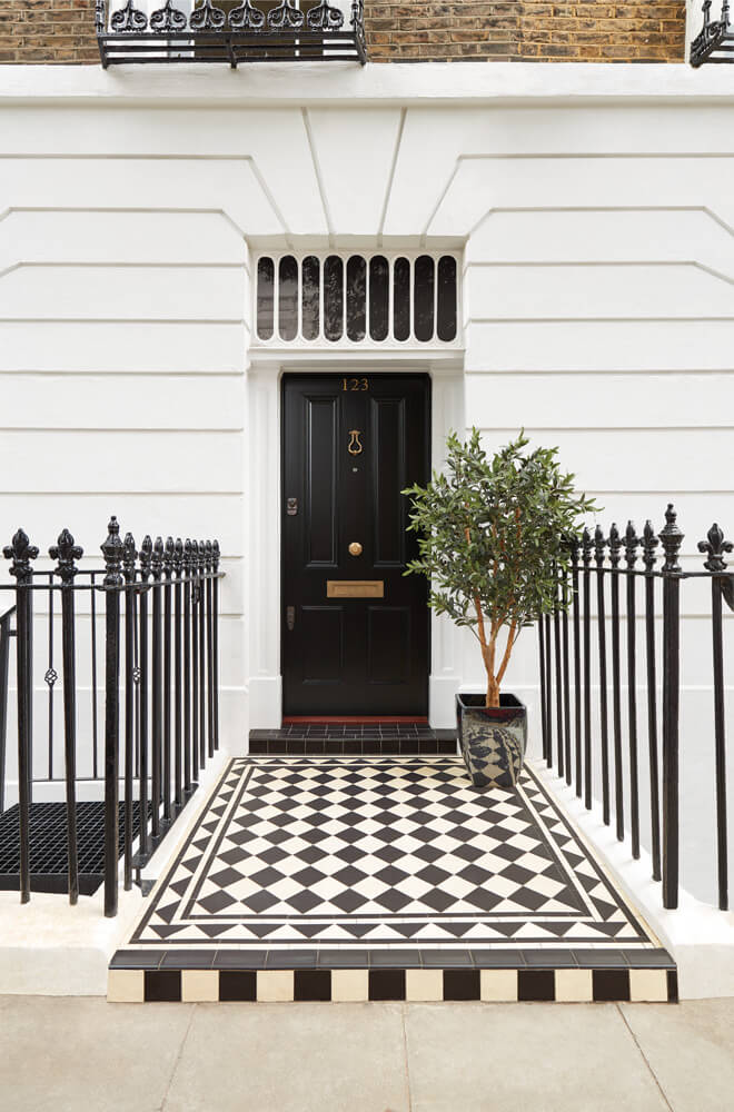 Elegant black and red front doors, Greater London, England, UK